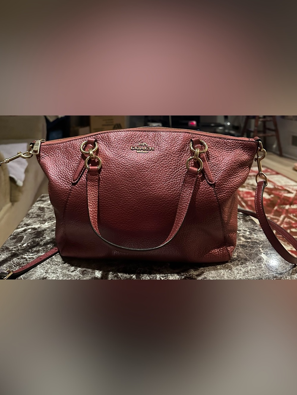Coach Pebbled Leather Shoulder Bag in Burgundy